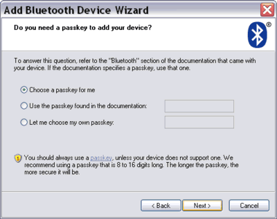 input a passkey on the Add Bluetooth Device Wizard