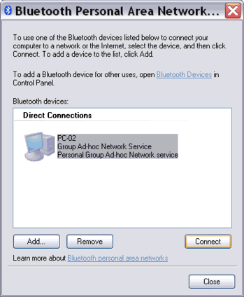 connecting to another computer from Bluetooth Personal Area Network window