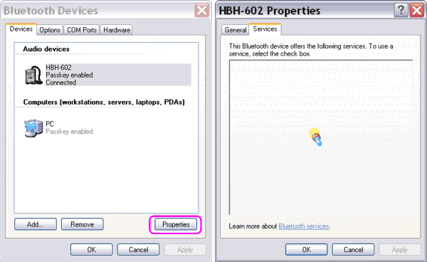 a Bluetooth headset is discovered and paired with PC running Windows XP SP2, but its services can't be discovered