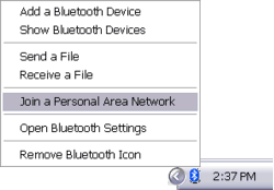 Joining a Personal Area Network (PAN) from Bluetooth taskbar icon