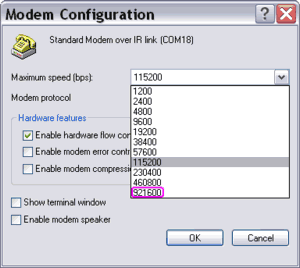 configuring infrared (IrDA) modem for higher connection speed