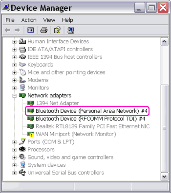 Windows XP SP2 built-in Bluetooth PAN on the Device Manager