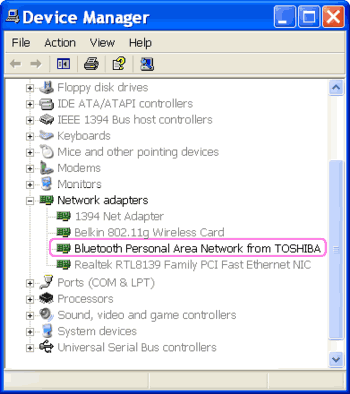 TOSHIBA Bluetooth PAN on the Device Manager