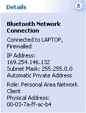 Bluetooth Network Connection details, local IP address, subnet mask, MAC address of the Laptop (Personal Area Network Client)