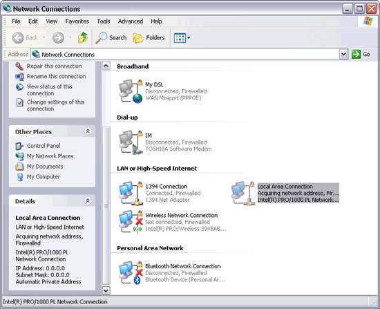 Windows XP : Network Connections - Local Area Connection - Acquiring network address