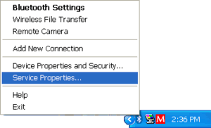 select Service Properties on TOSHIBA Bluetooth taskbar icon menu