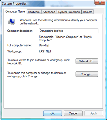 Windows Vista : System Properties : define computer and workgroup name
