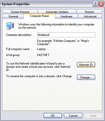 Windows XP : System Properties : define computer and workgroup name