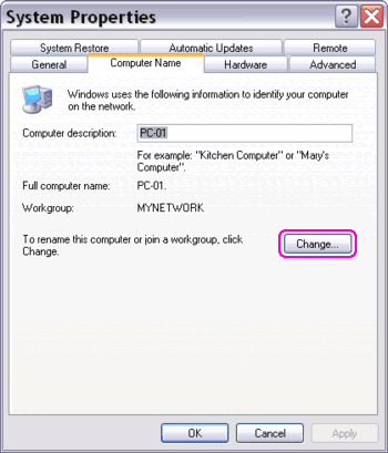 Computer Name tab on System Properties window