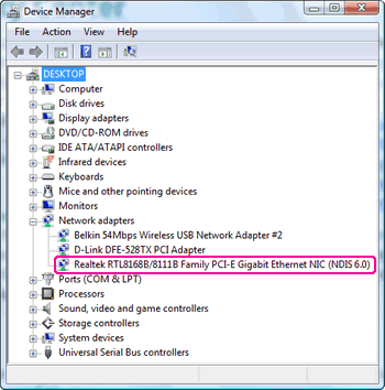 Windows Vista : Device Manager : Network adapters : Gigabit Ethernet NIC