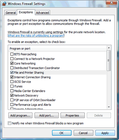 Windows Vista: Windows Firewall Settings - selecting File and Printer Sharing on Exceptions tab