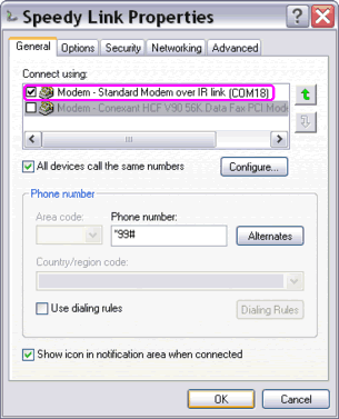 Standard Modem over IR link selected on GPRS connection properties window