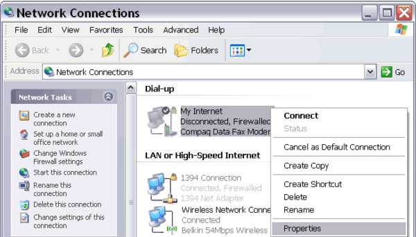 opening Internet connection properties window from Network Connections