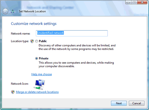 Windows Vista: Set Network Location - change location type from Public to Private for 'Unidentified network'