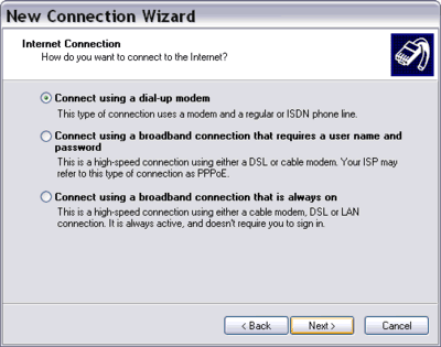 New Connection Wizard connect using dial-up modem