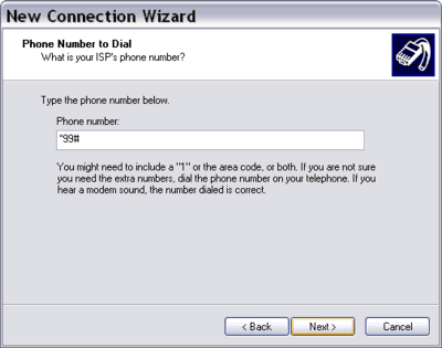 New Connection Wizard Phone Number to Dial