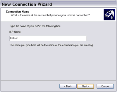 New Connection Wizard ISP name
