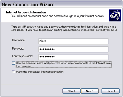 New Connection Wizard user name and password