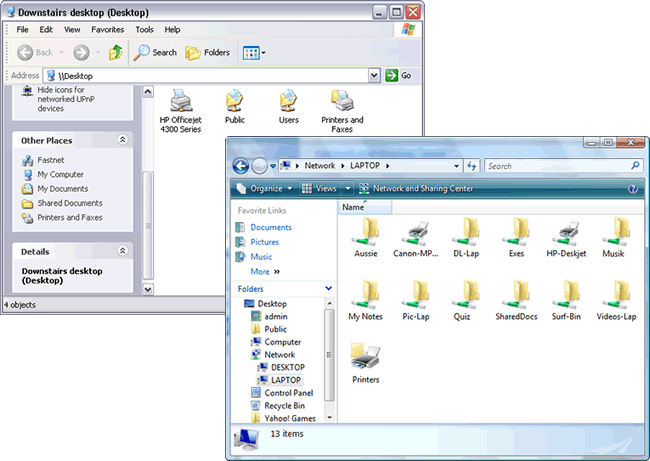 exploring shared folders and printers on Network folder (Windows Vista) and My Network Places (Windows XP)