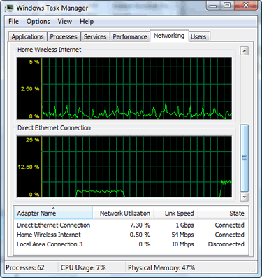 Windows Vista : Windows Task Manager : monitoring Local Area Connections (direct Ethernet connection and wireless Internet connection) - adapter name, network utilization, link speed, state (connected/disconnected)