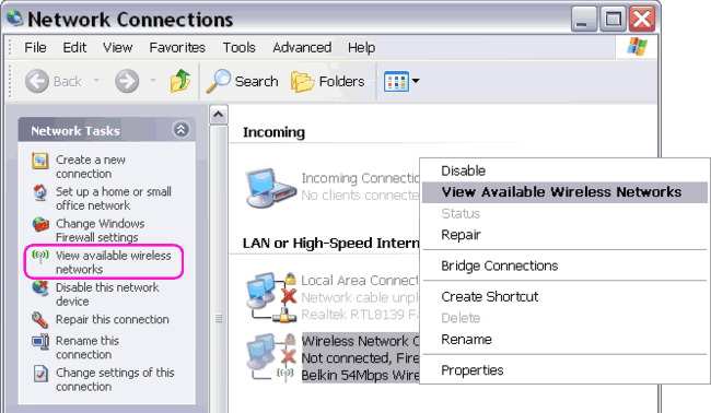 View Available Wireless Networks from Wireless Network Connection icon