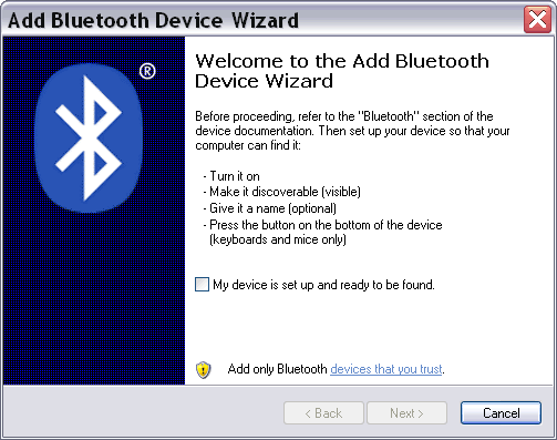 the Add Bluetooth Device Wizard in Windows XP (SP2)