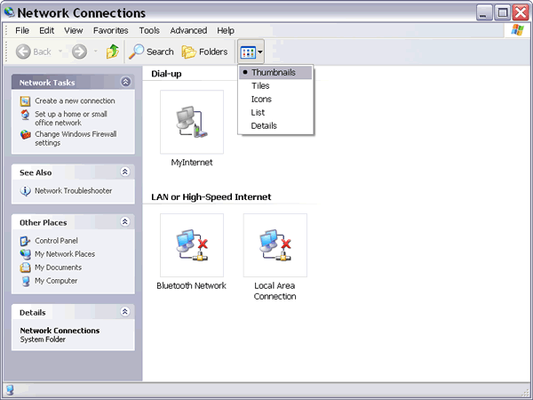 Network Connections folder (Thumbnails view) in Windows Explorer