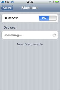 iPhone 3G screen after tapping Settings>General>Bluetooth: tap Bluetooth slider to ON
