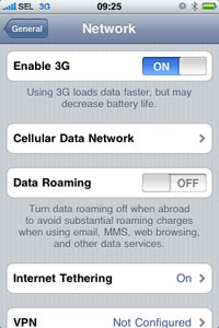iPhone 3G screen after tapping Settings>General>Network: Internet Tethering On