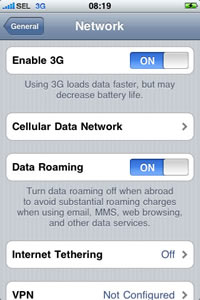 iPhone 3G screen: Setting > General > Network, 3G ON, Internet Tethering Off.