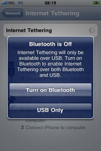iPhone 3G warning: Bluetooth is Off. Internet Tethering will only be available over USB. Turn on Bluetooth to enable Internet Tethering over both Bluetooth and USB. Turn on Bluetooth. USB Only.