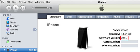 iPhone Software Version 3.0.1 in iTunes > DEVICES > iPhone > Summary