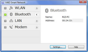 VAIO Smart Network: Bluetooth ON with green light, showing Bluetooth device (computer) name and Bluetooth device (MAC) address