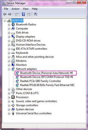 Windows Vista > Device Manager > DESKTOP > Network adapters : Bluetooth Device (Personal Area Network) #6