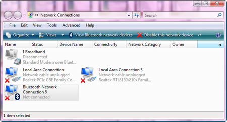Windows Vista > Network Connections : Bluetooth Network Connection 6 - Not connected