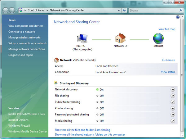 Network and Sharing Center : This computer (RIZ-PC) is connected to Intenet via Network 2 as Internet gateway.